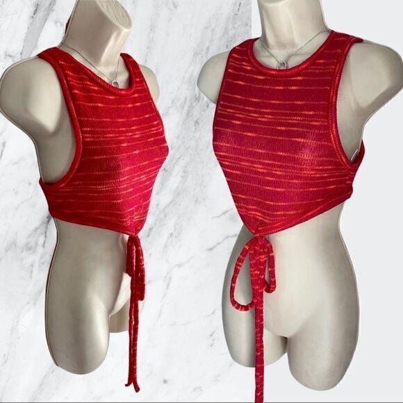 Urban Renewal Vintage Remnants Pink/Red Tie-Back Knit Wrap Crop Top - Picture 3 of 7